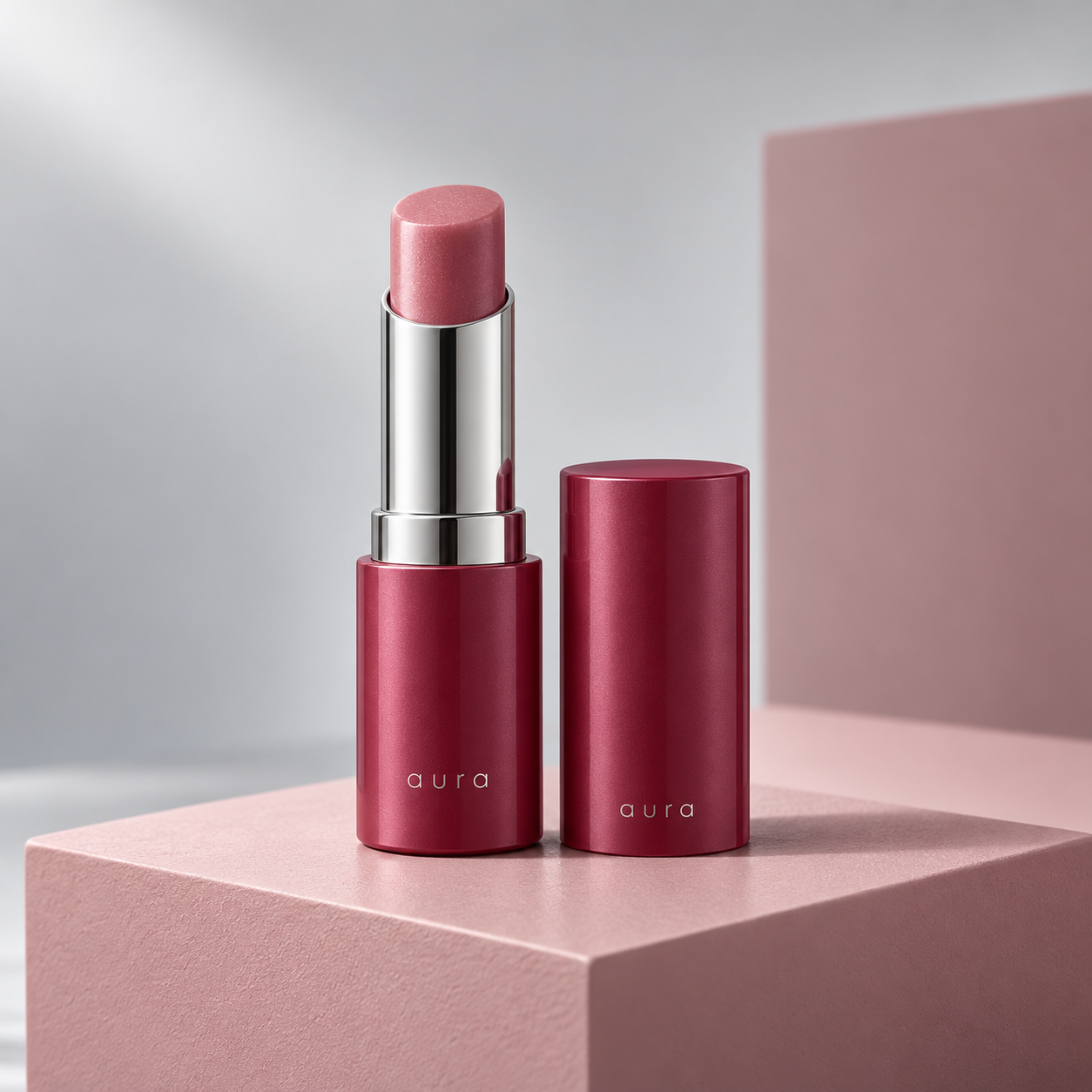 Balm Rosé Aura em bastão rosa, com embalagem cilíndrica vinho