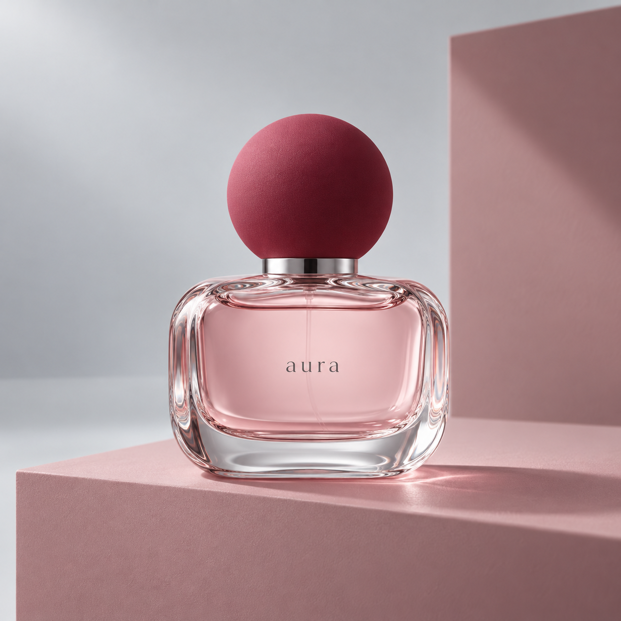 Perfume Bruma 01 Aura em frasco baixo de vidro rosado transparente com tampa esférica framboesa