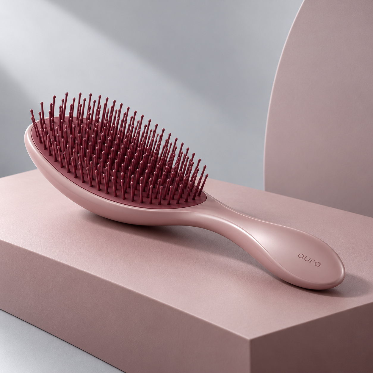 Escova Curva Aura para cabelo com cabo curvo e acabamento rosa seco