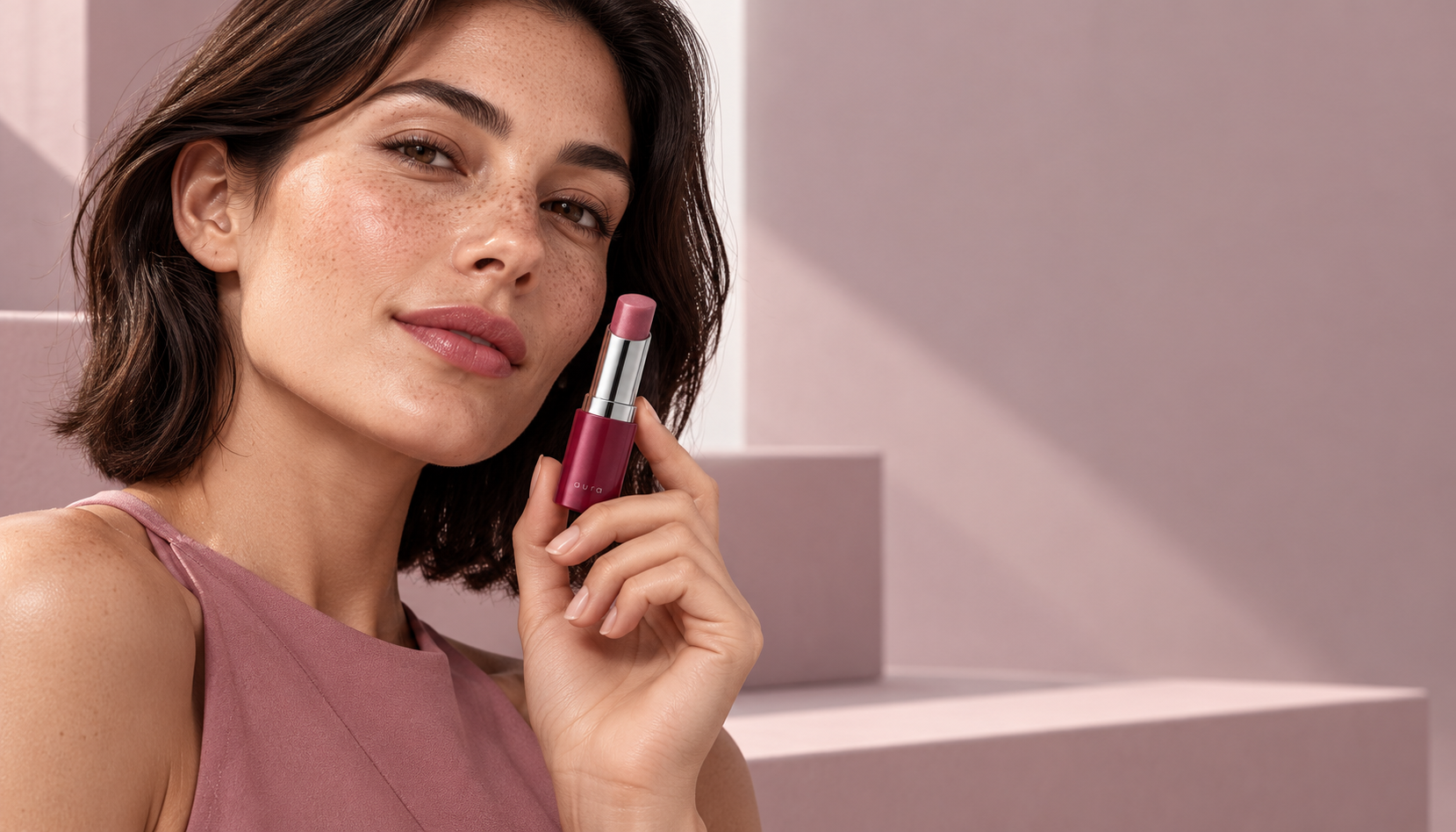 Personagem adulta fictícia com Balm Rosé próximo ao rosto, em campanha de estúdio