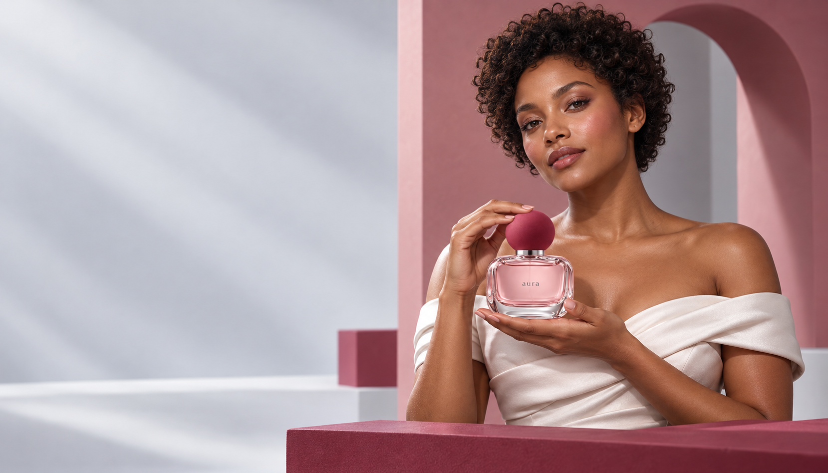 Personagem adulta fictícia segurando o perfume Bruma 01 Aura em cenário arquitetônico rosa